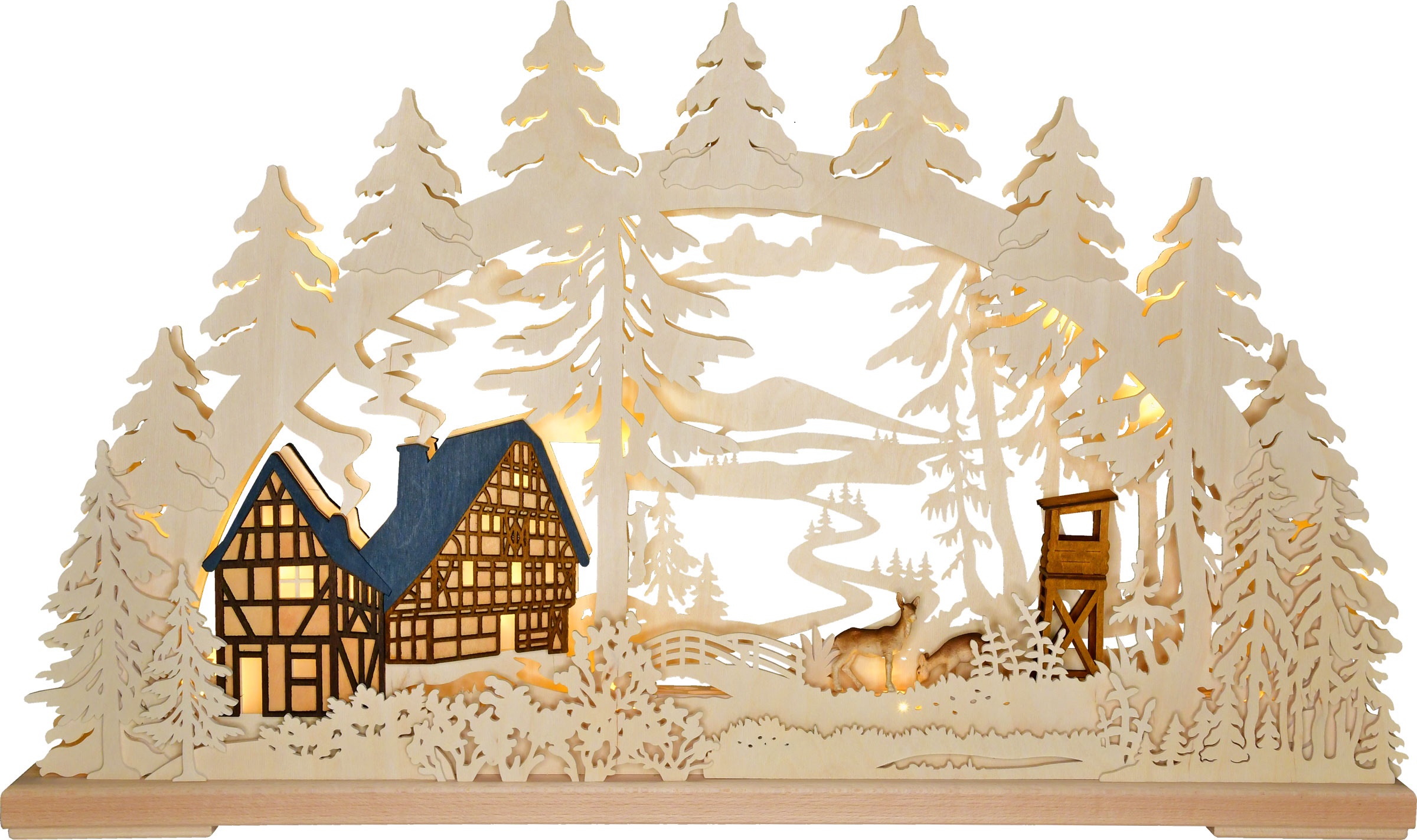 3D Schwibbogen large, Waldesruh, 2 half-timbered houses, raised hide, 2 deer