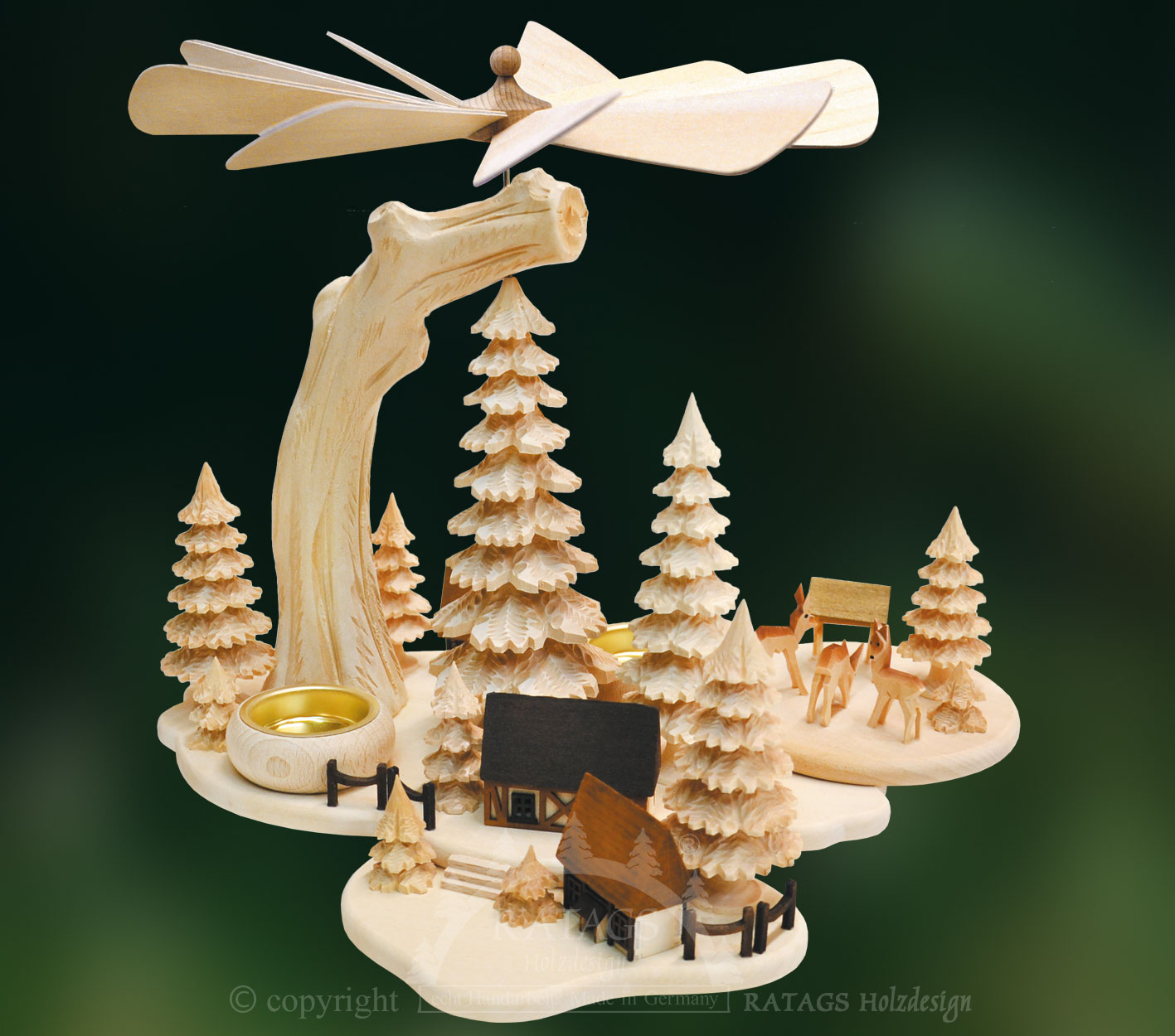 Solid wood pyramid, deer, carved trees