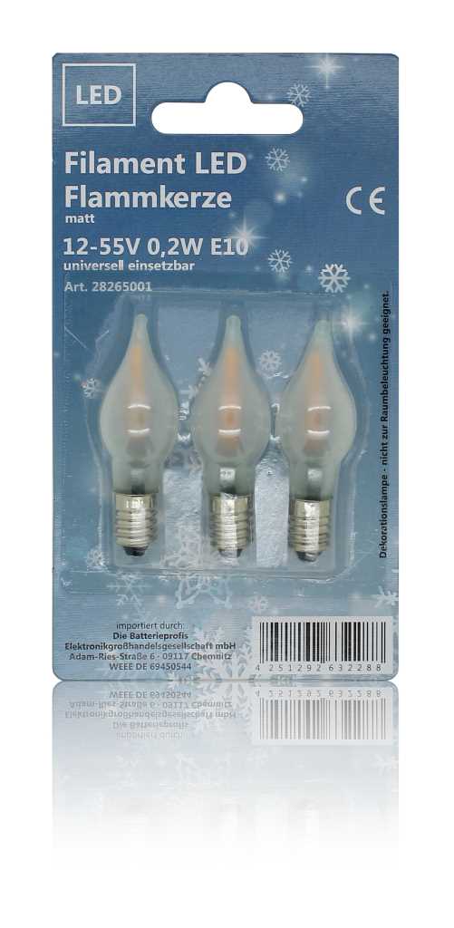 BP Filament  LED Flammkerze 12-55V 0,1-0,2W, matt, 3er-Bilster