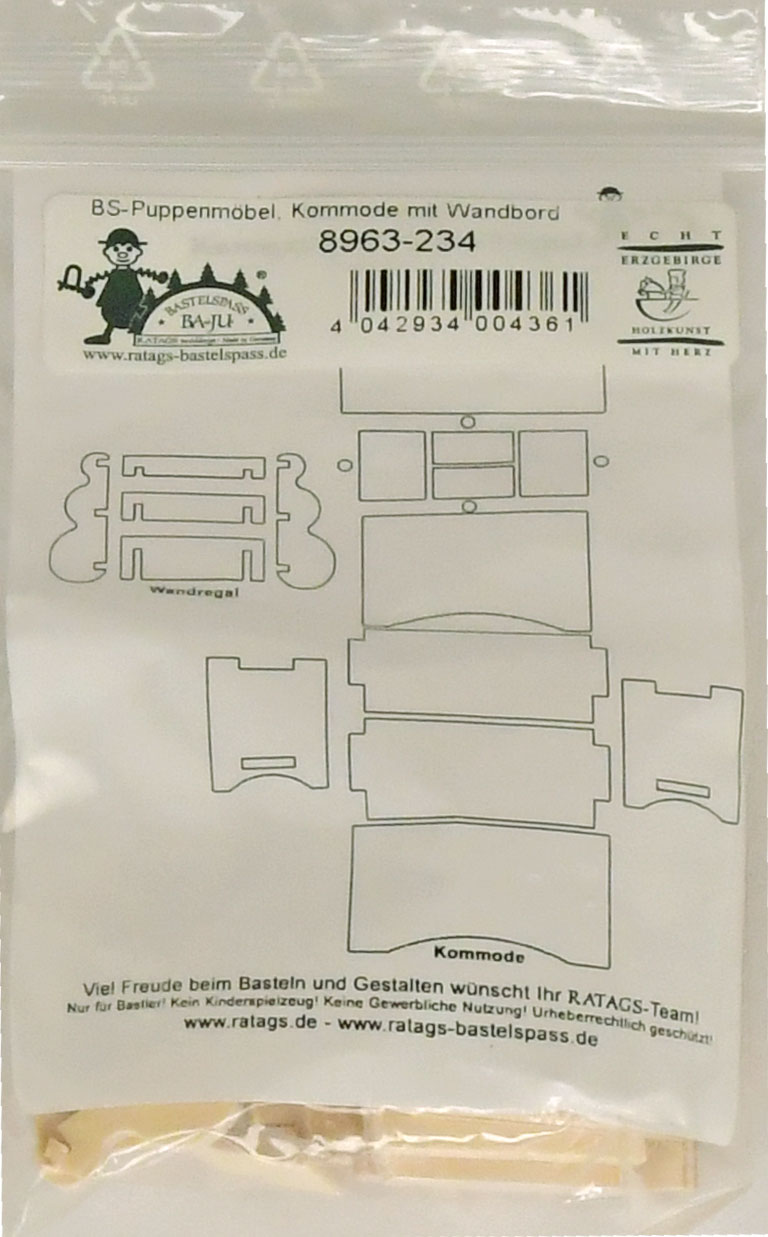 Puppenmöbel zum Basteln, Kommode mit Wandbord