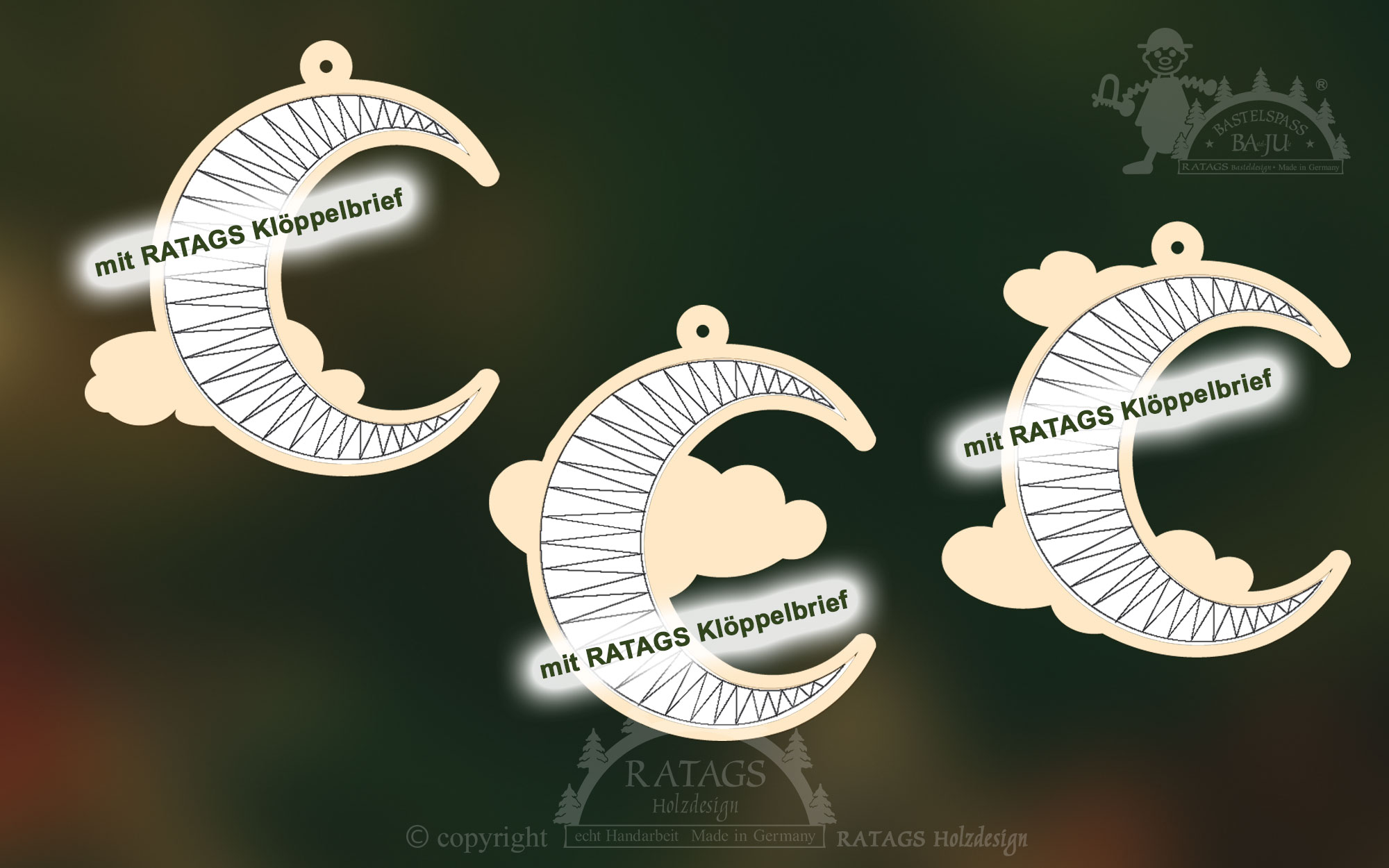 3 bobbin lace frames, moons to hang up with RATAGS bobbin lace pattern