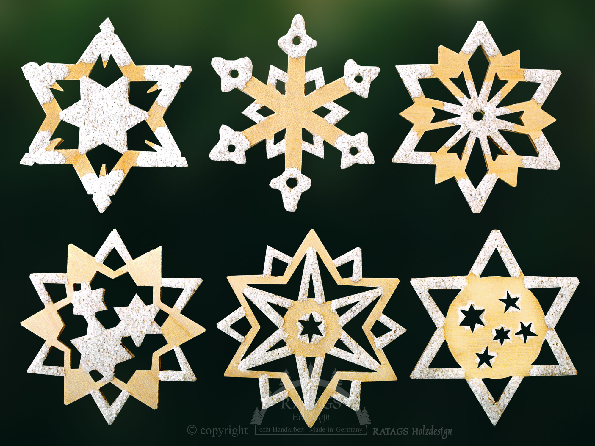 Tree decorations, set of 6, stars, hoarfrost