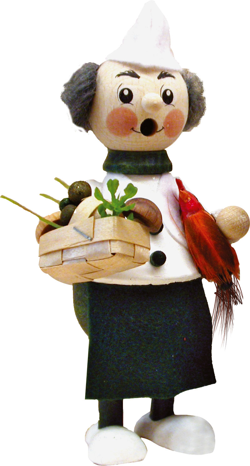 lustiger Geselle, Koch, stehend mit Pilzkorb, Huhn