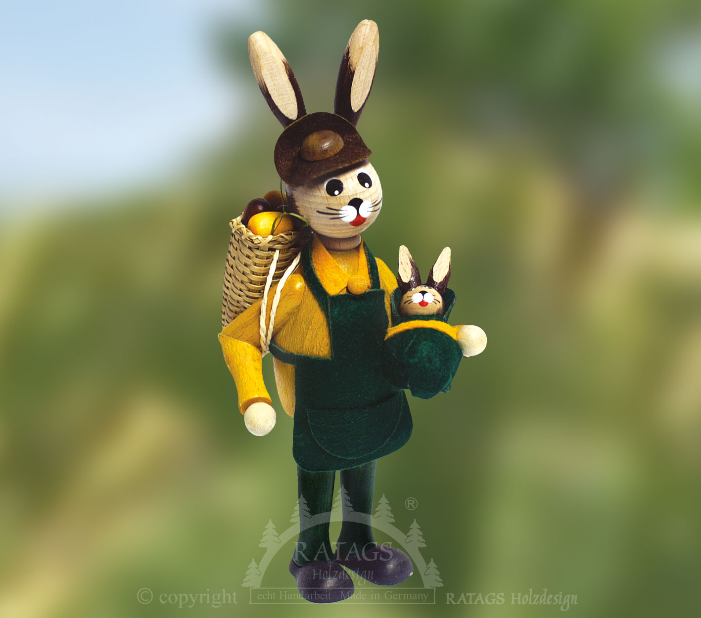 Osterhase, grün-gelb mit Kind Osterhase, grün-gelb mit Kind