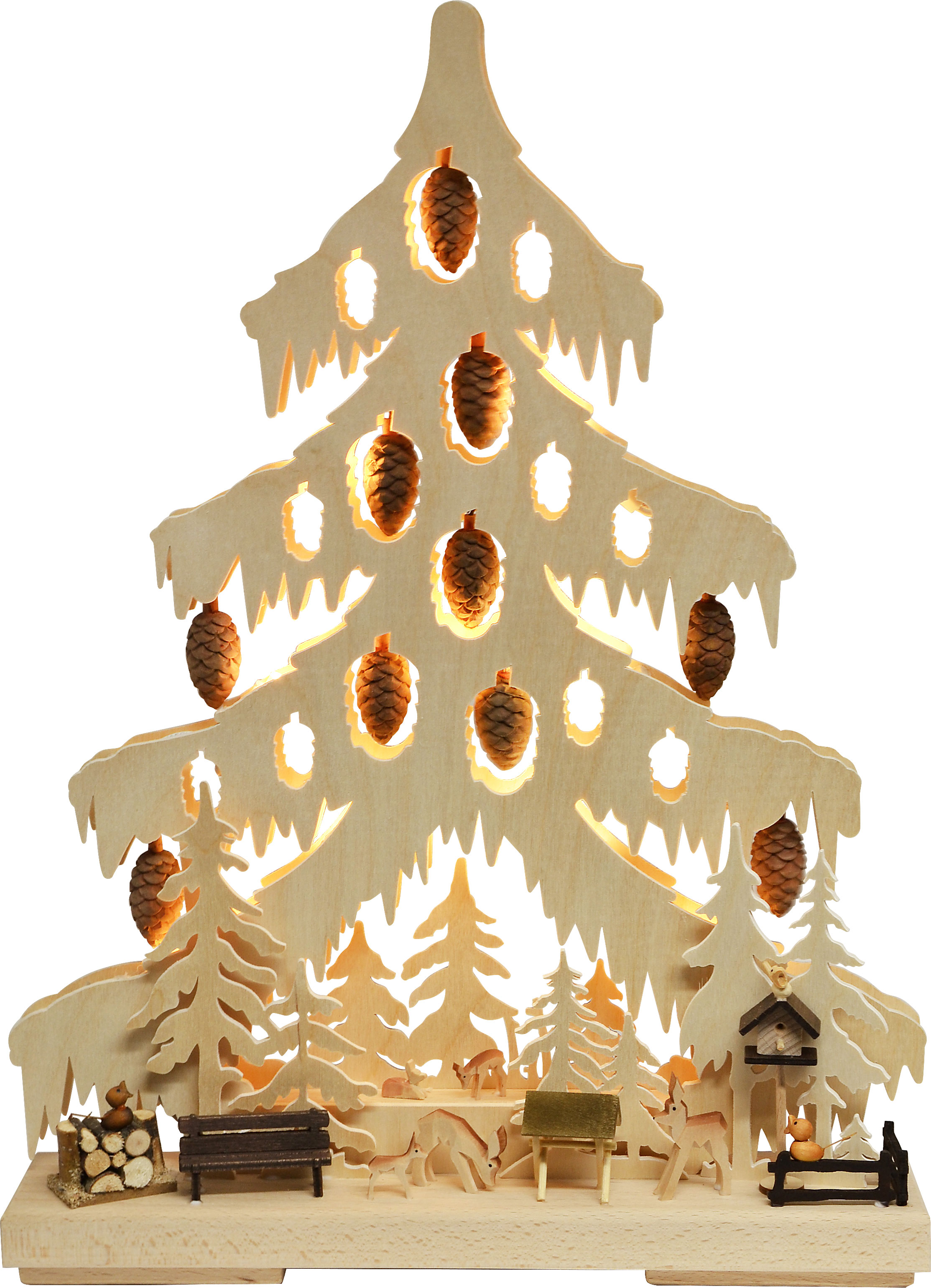 Small fir tree, animals in the forest, nature, carved pine cones and deer