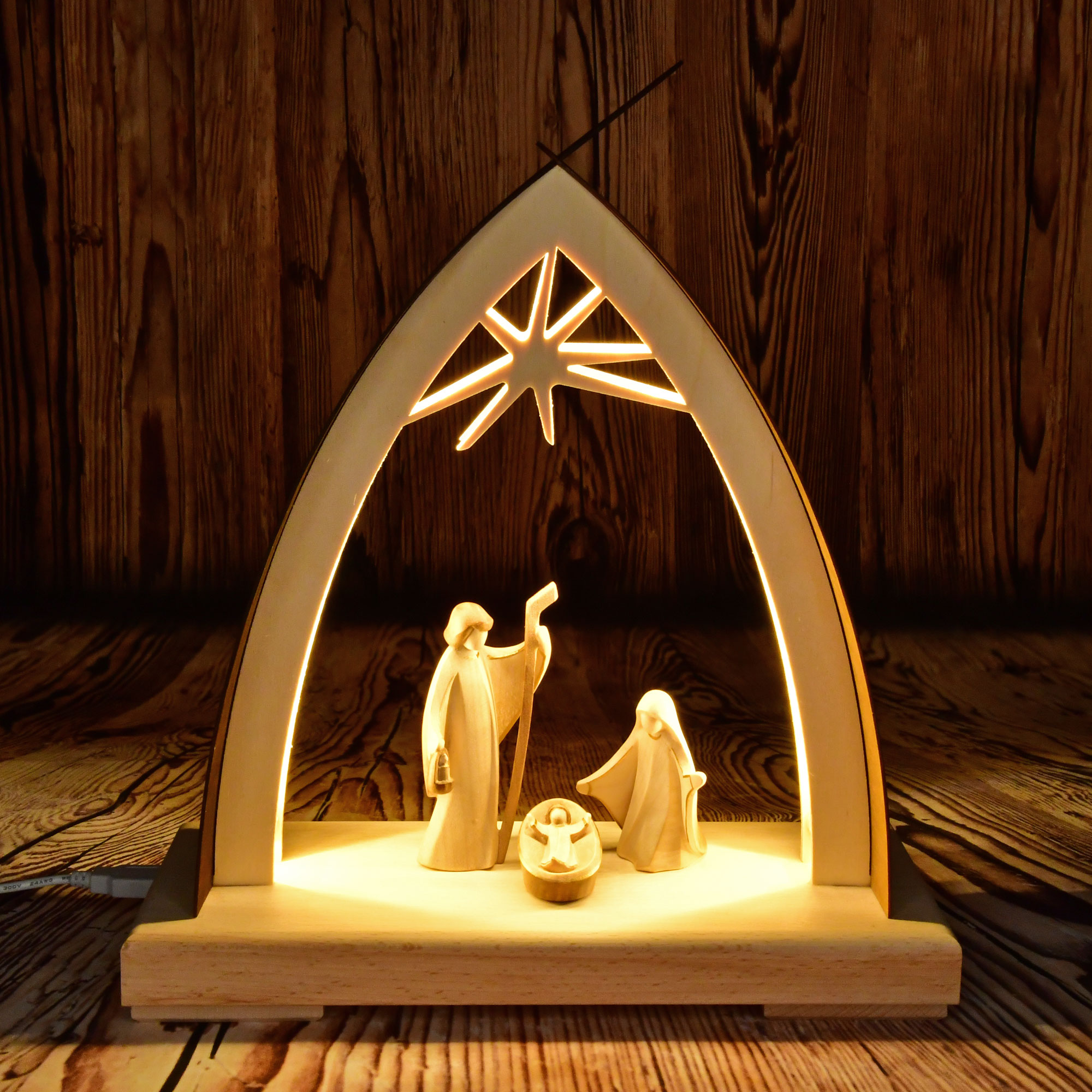 Schwibbogen, Geburt Christi Tiroler Figuren, LED-Stripe