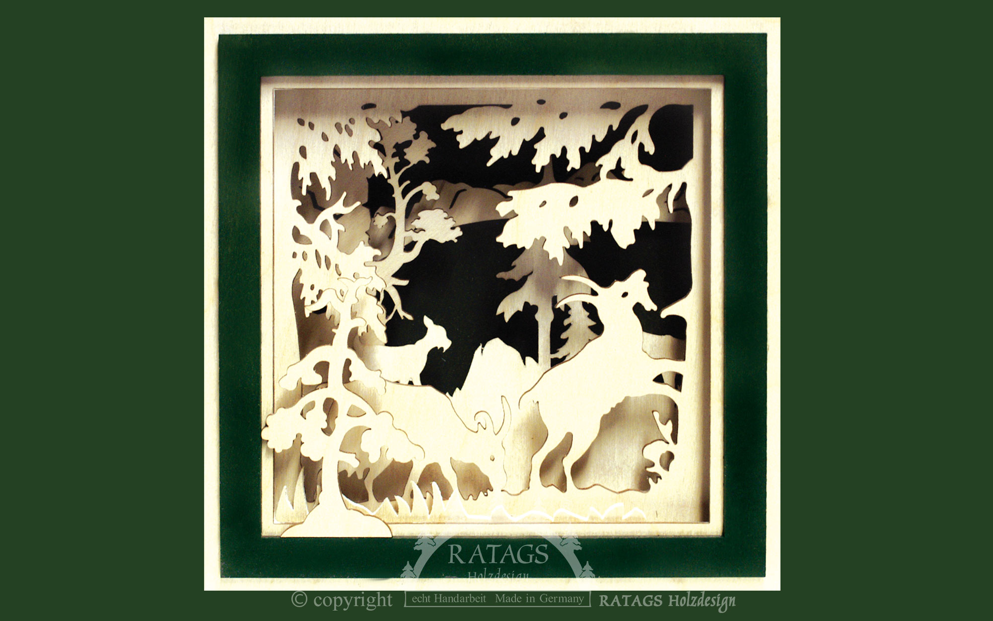 3D wall picture, mountain goats, dark green frame