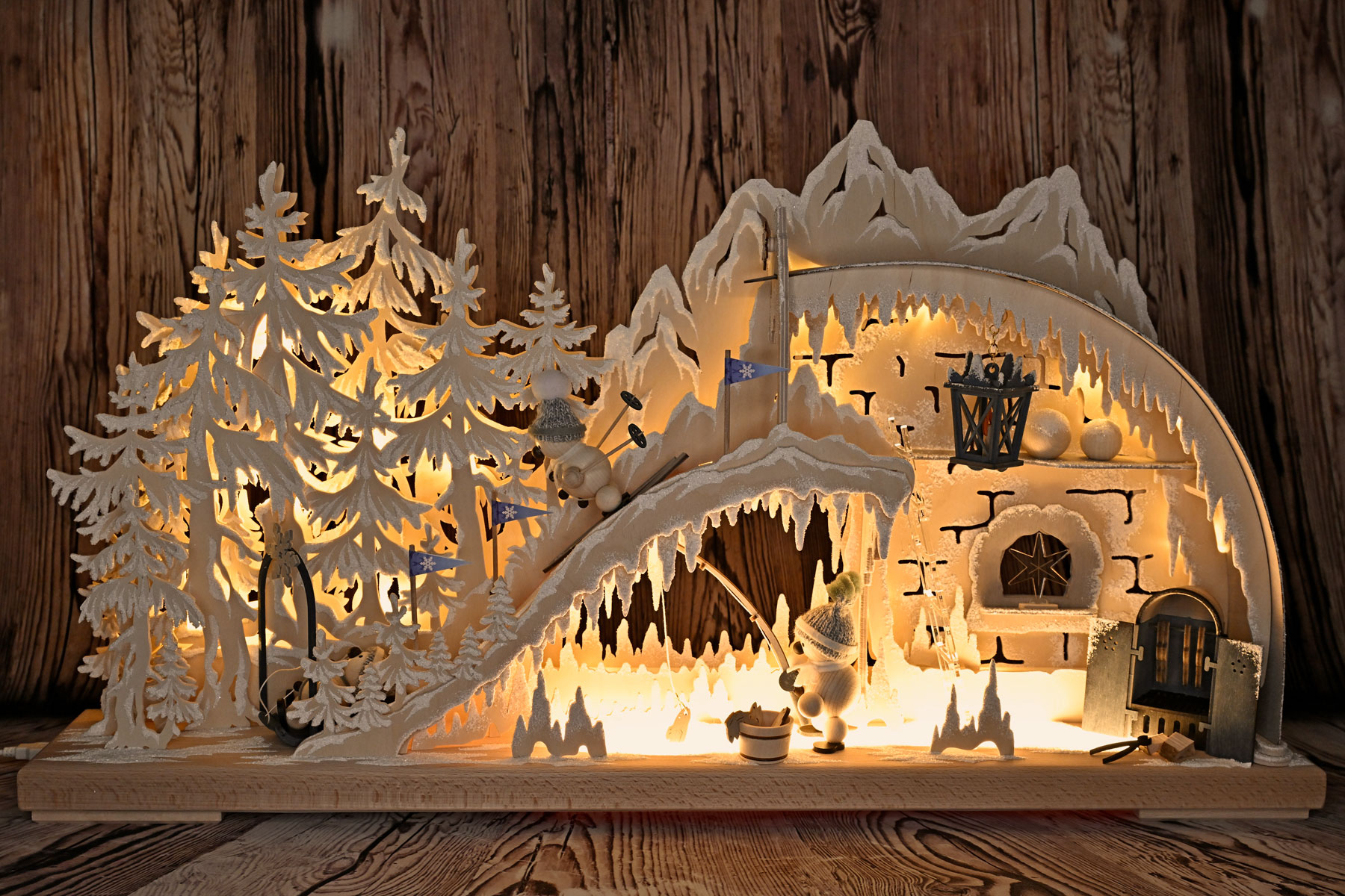 3D-Schwibbogen groot, iglo, grijze mutsen 20 LED-lichtketting + LED-strip