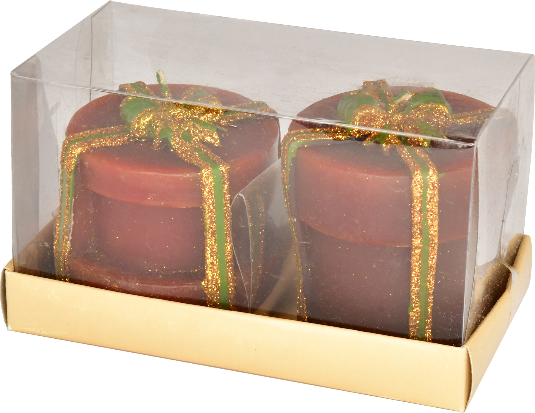 Decorative candles, round, set of 2, burgundy/gold/green
