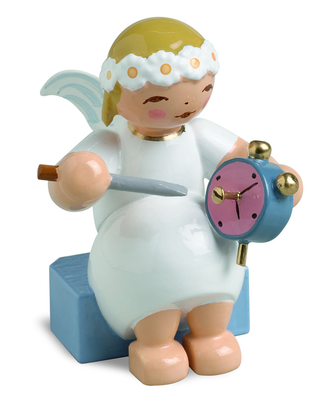 Margeritenengel, sitzend, mit Wecker