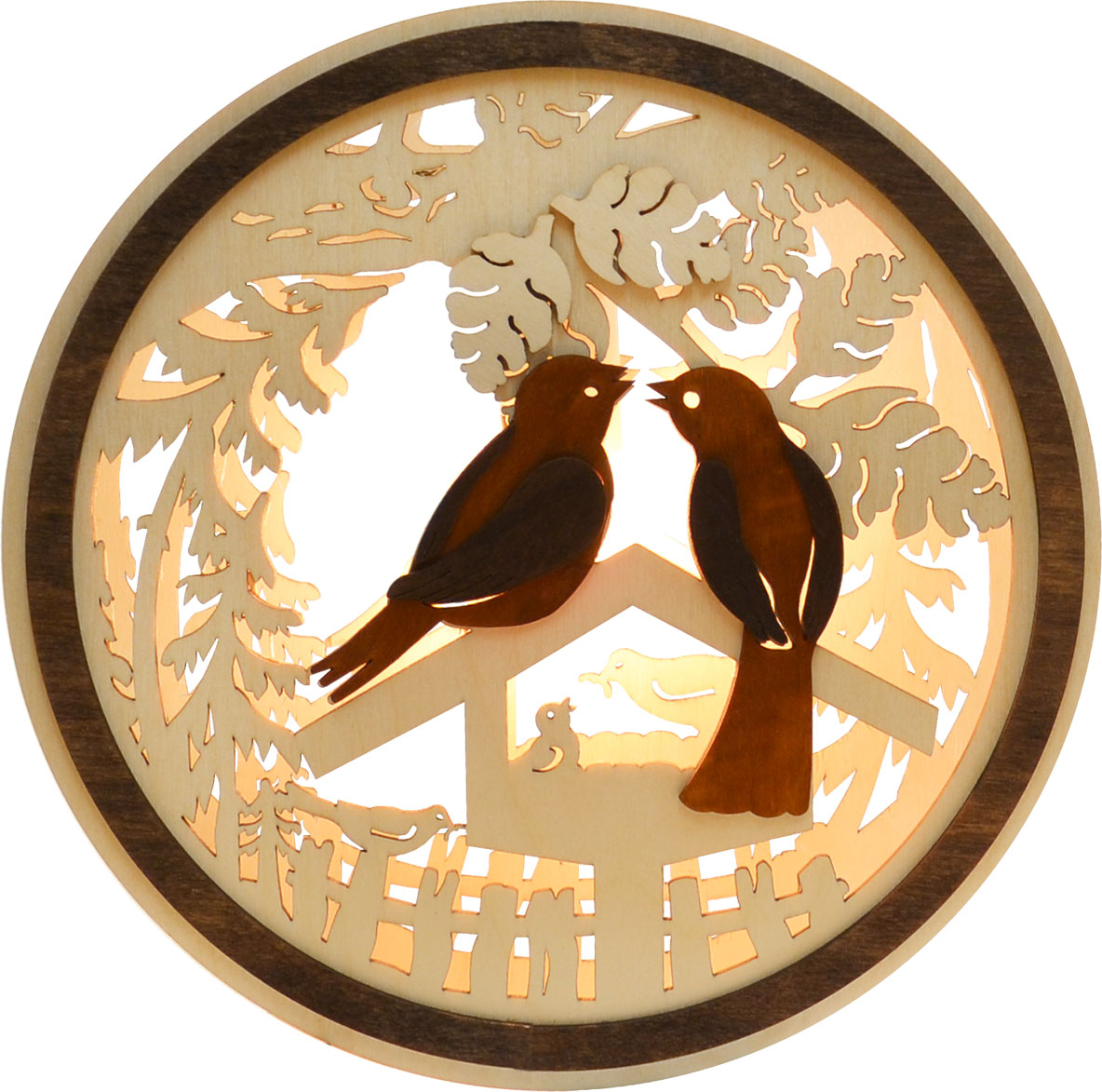 Fensterbild, beleuchtet, Vögel braun-natur, rund