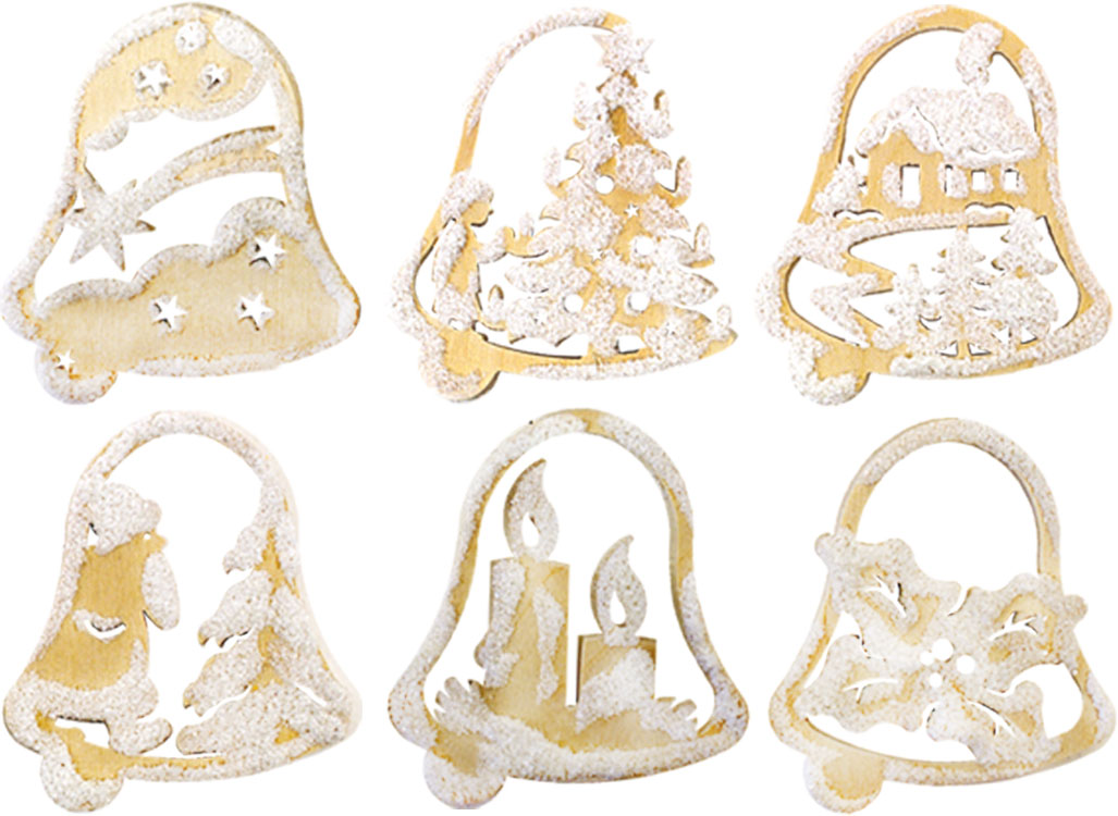 Tree decorations, set of 6, bells, hoarfrost