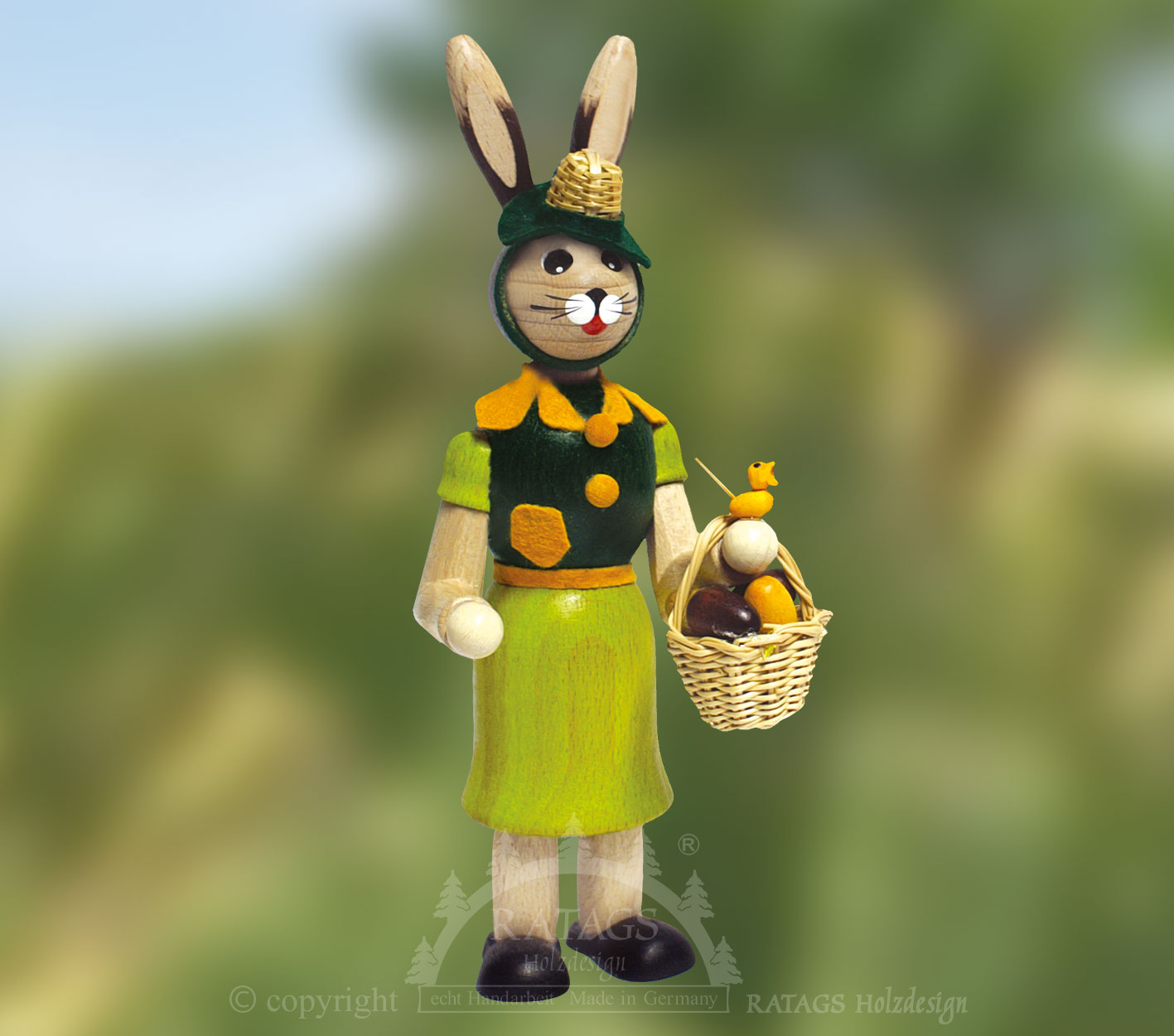 Mother rabbit, basket, hat, yellow-green
