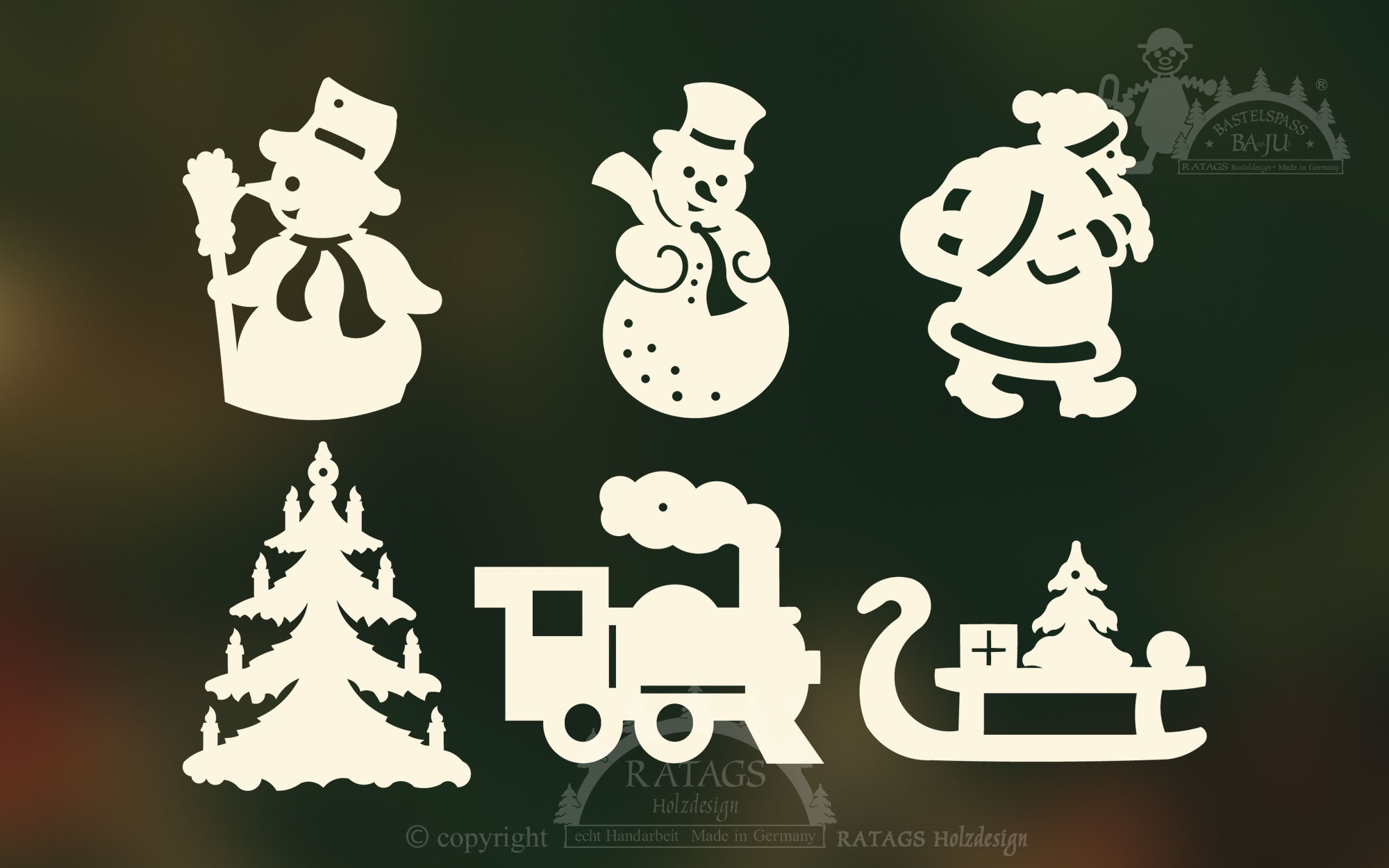 Tree decorations, set of 6, Christmas motifs