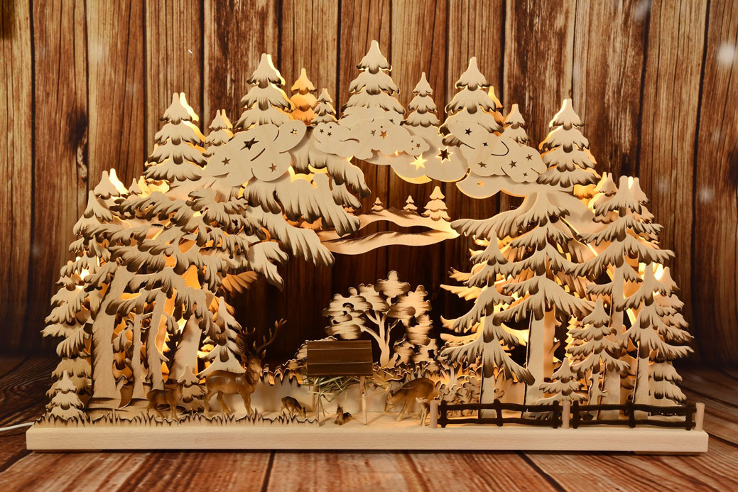 3D-Schwibbogen gr., Rehe im Wald, Var. 3, handbemalt, braun 3D-Schwibbogen gr., Rehe im Wald, Var. 3, handbemalt, braun