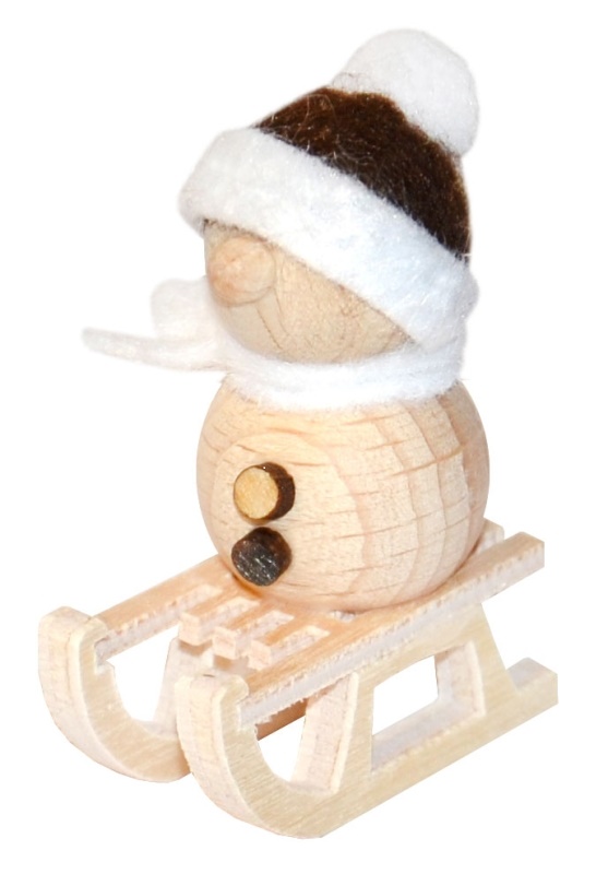Schneemann natur, auf Schlitten braune Mütze